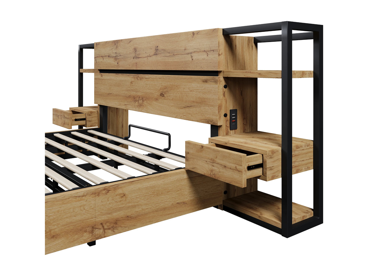 Lit Coffre 180x200 Bois Marron avec Tiroirs et Port USB — vue 6