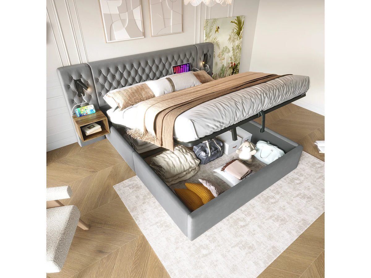 Lit Coffre 160x200 Velours Gris avec Chevets