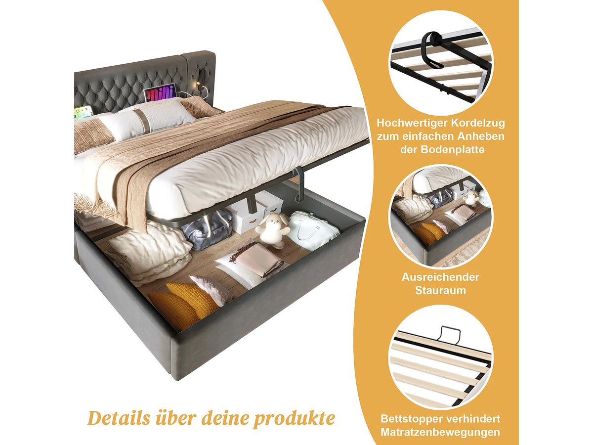Lit Coffre 160x200 Velours Gris avec Chevets — vue 7