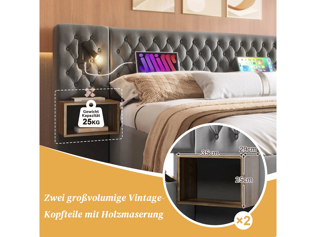 Lit Coffre 160x200 Velours Gris avec Chevets — vue 9