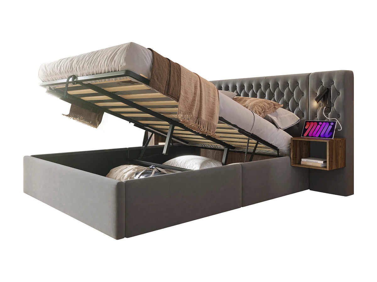 Lit Coffre 160x200 Velours Gris avec Chevets — vue 4