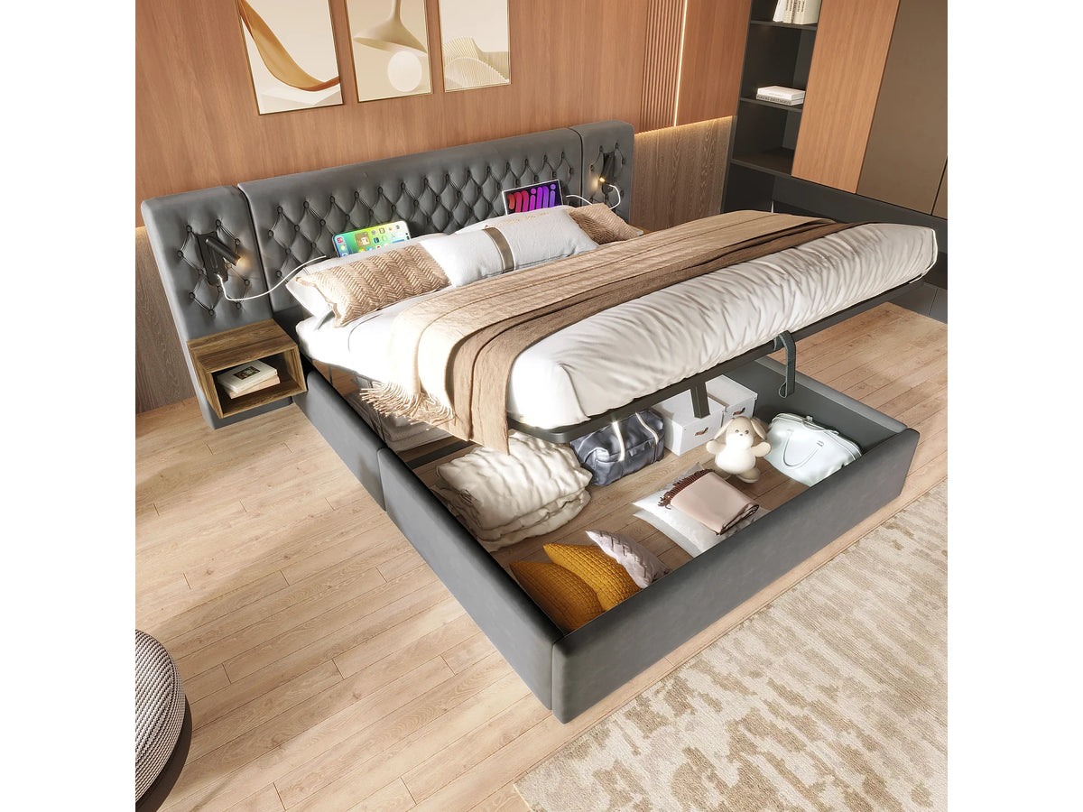 Lit Coffre 160x200 Velours Gris avec Chevets — vue 2