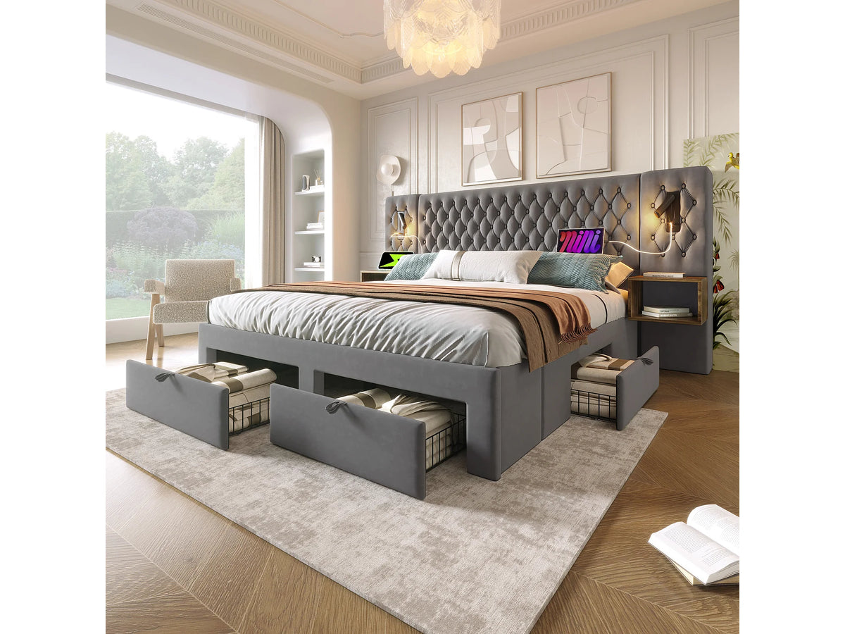 Lit Coffre 180x200 Velours Gris avec Chevets et Tiroirs