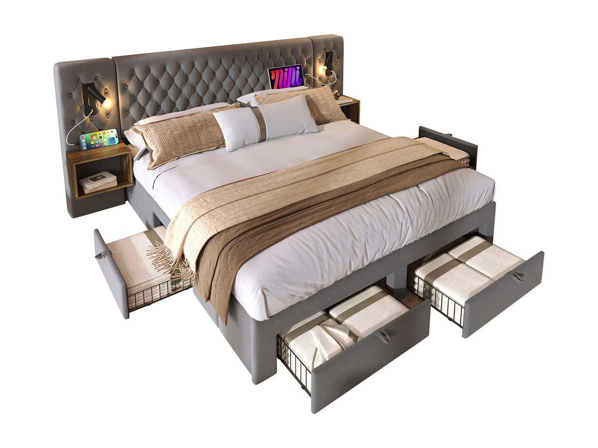 Lit Coffre 180x200 Velours Gris avec Chevets et Tiroirs — vue 6
