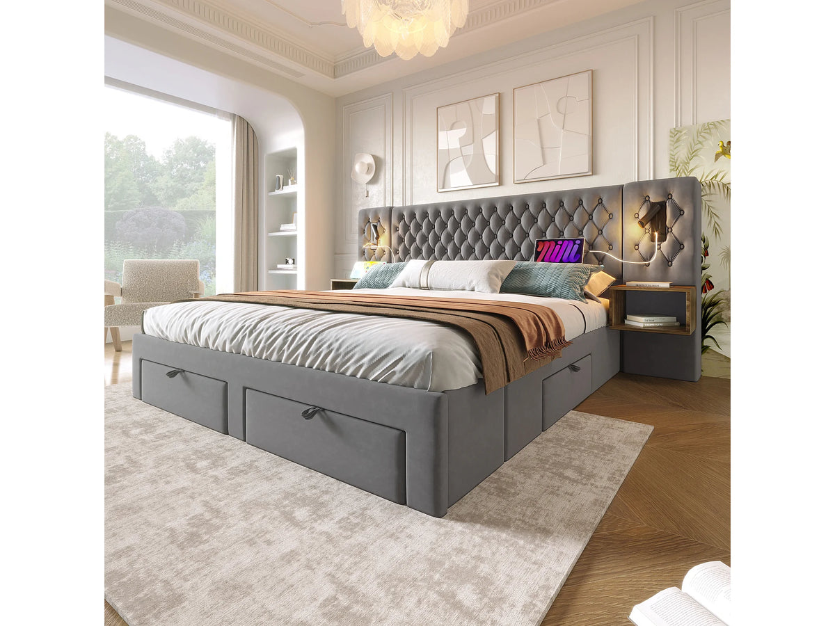 Lit Coffre 180x200 Velours Gris avec Chevets et Tiroirs — vue 10