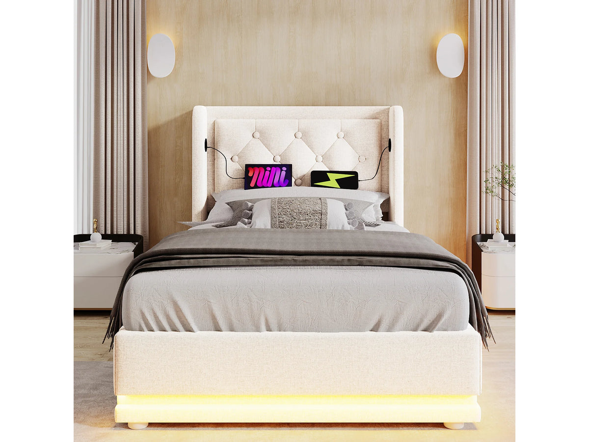 Lit Coffre 90x200 Coton Beige avec LED et Port USB