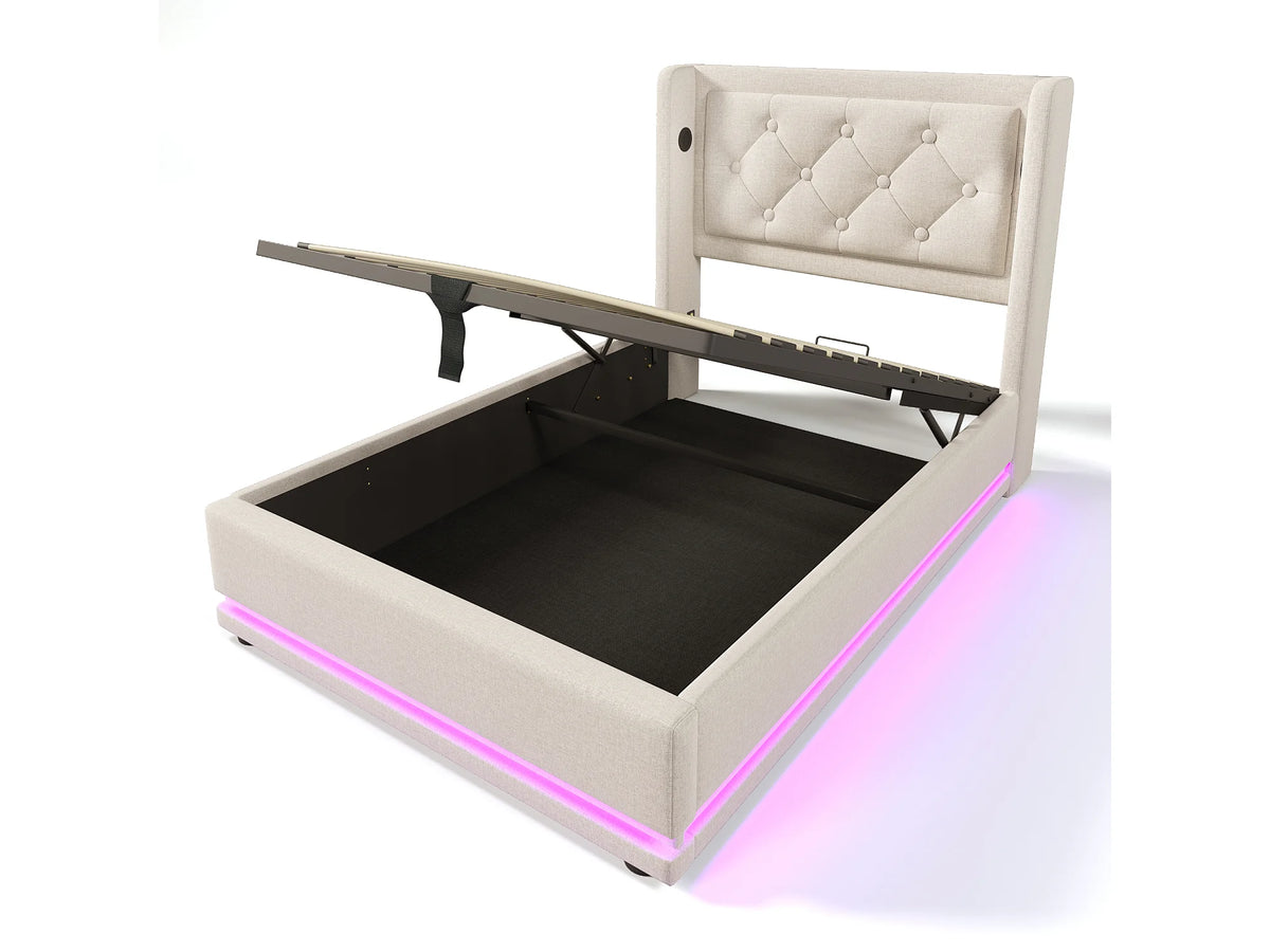 Lit Coffre 90x200 Coton Beige avec LED et Port USB — vue 4