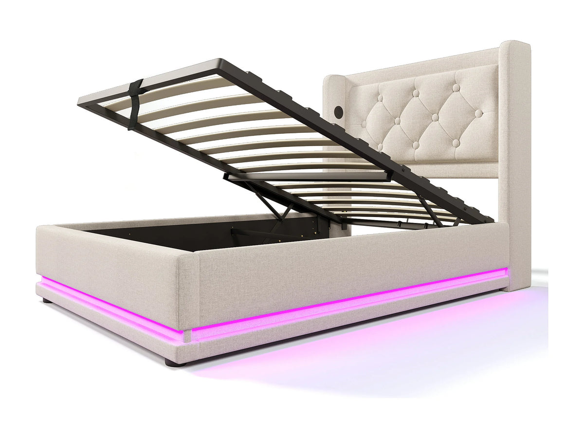 Lit Coffre 90x200 Coton Beige avec LED et Port USB — vue 5