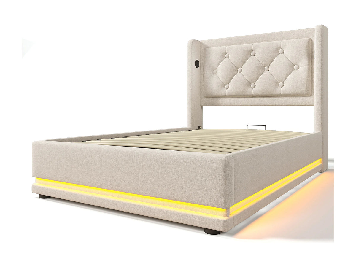 Lit Coffre 90x200 Coton Beige avec LED et Port USB — vue 6