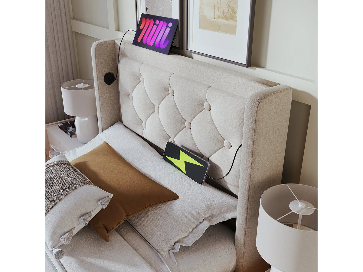 Lit Coffre 90x200 Coton Beige avec LED et Port USB — vue 10