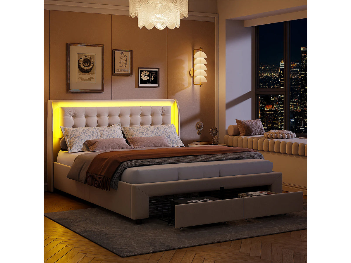 Lit Coffre 140x190 Velours Beige avec LED et Tiroirs