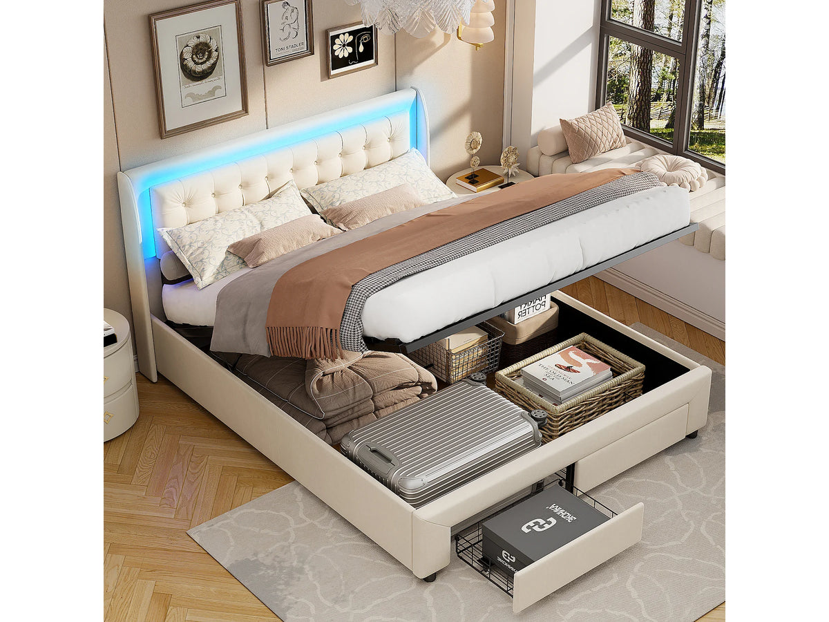 Lit Coffre 140x190 Velours Beige avec LED et Tiroirs — vue 2