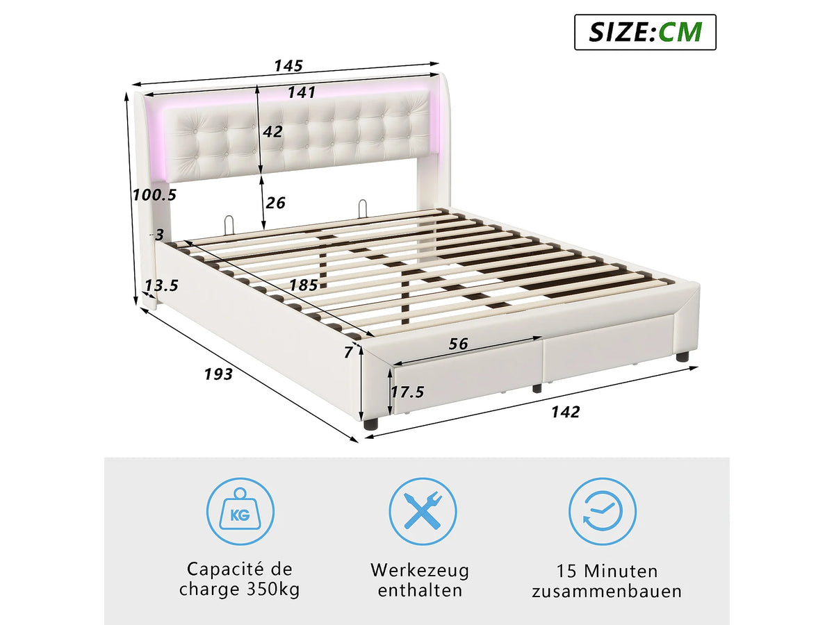 Lit Coffre 140x190 Velours Beige avec LED et Tiroirs — vue 8