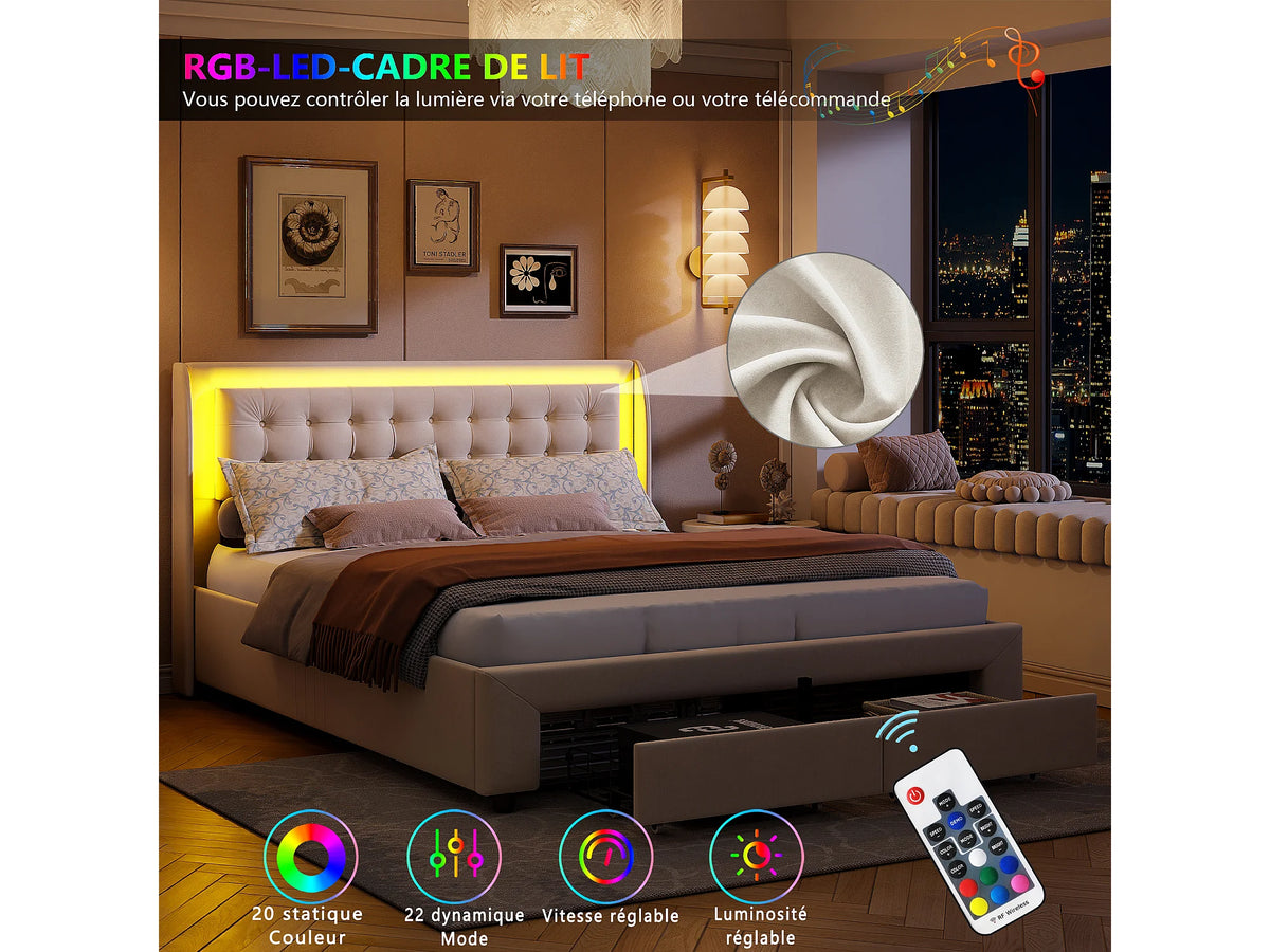 Lit Coffre 140x190 Velours Beige avec LED et Tiroirs — vue 3