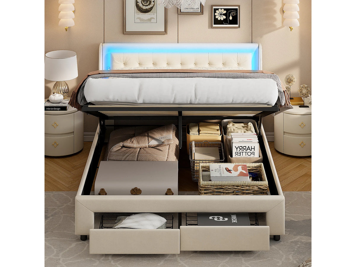 Lit Coffre 140x190 Velours Beige avec LED et Tiroirs — vue 4