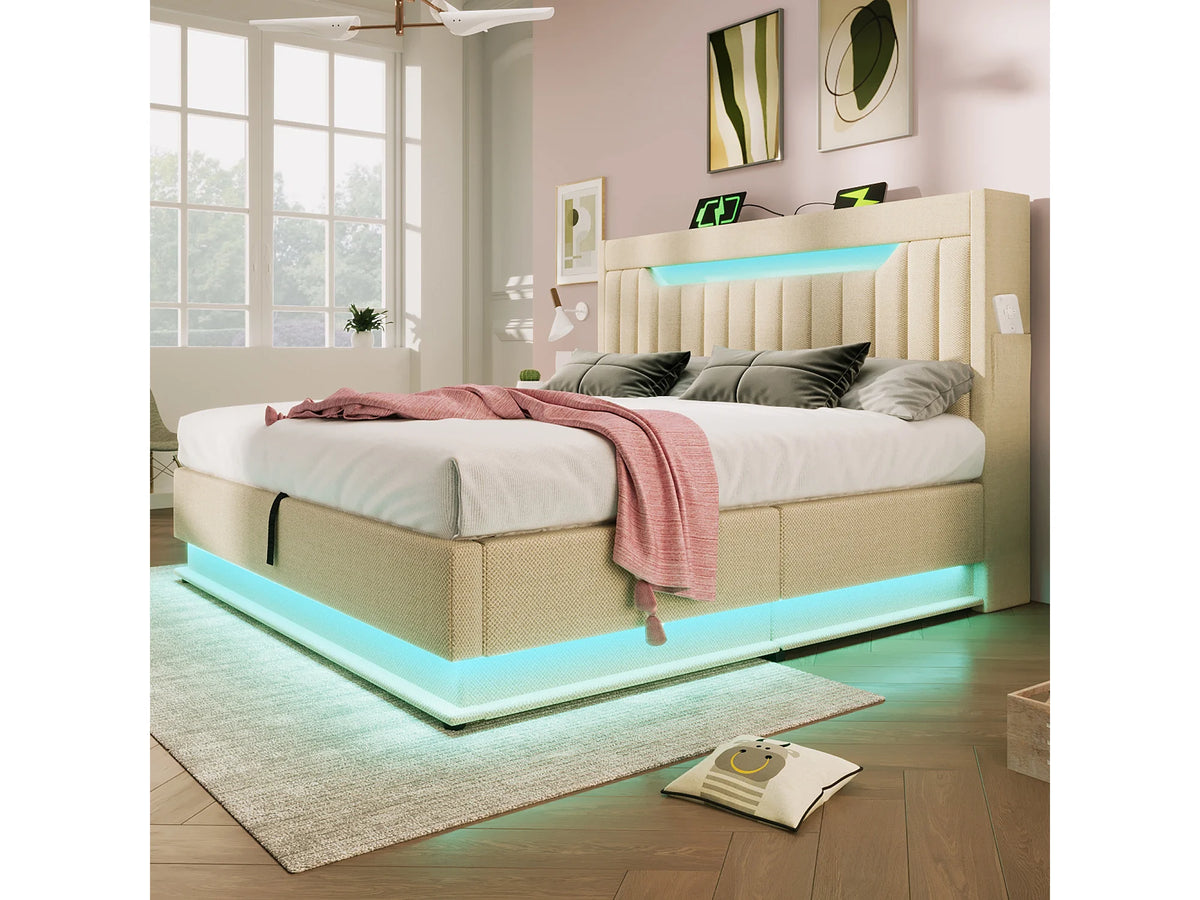 Lit Coffre 180x200 Tissu Lin Beige Capitonné avec LED et Port USB — vue 2