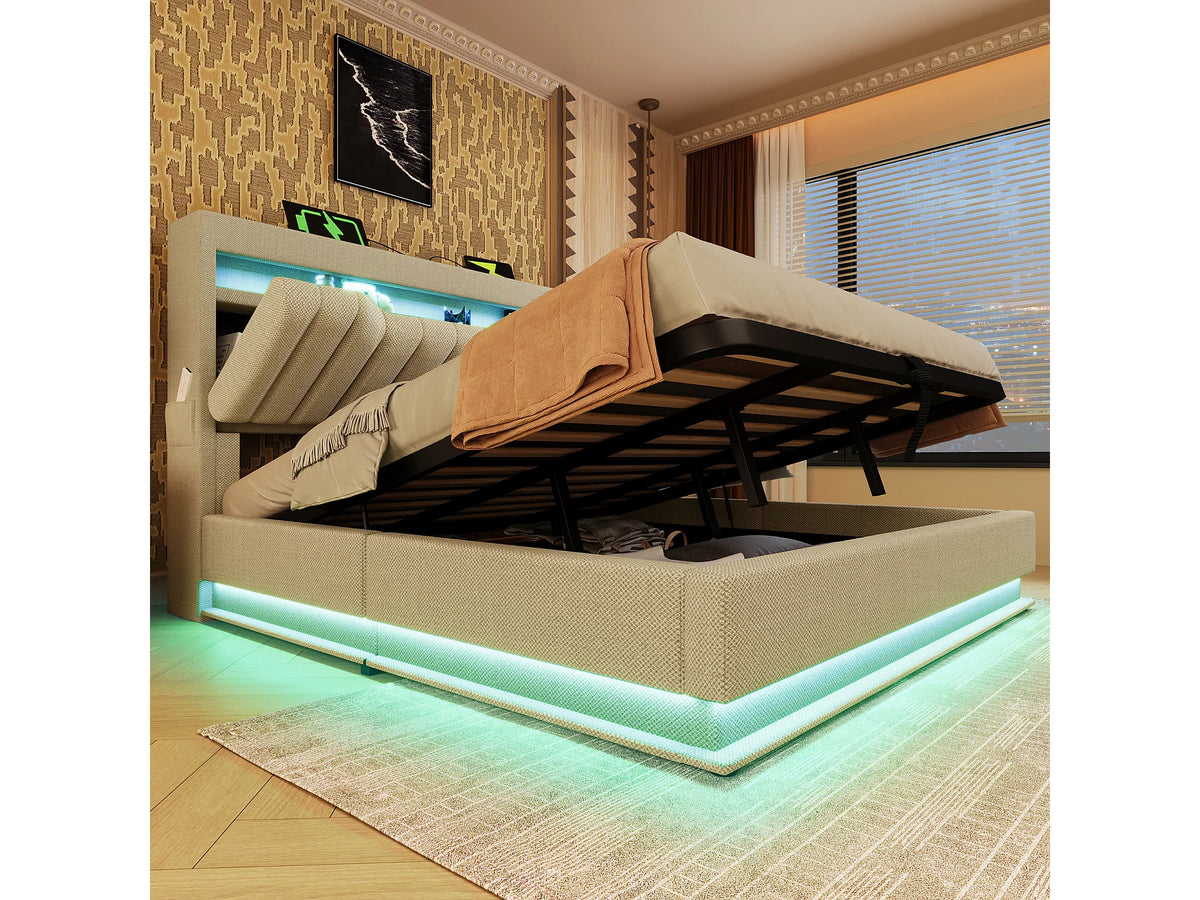 Lit Coffre 180x200 Tissu Lin Beige Capitonné avec LED et Port USB — vue 3