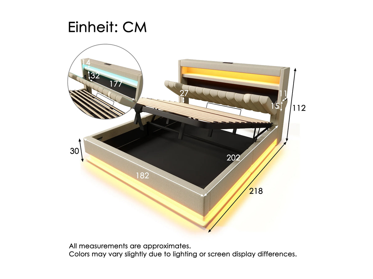 Lit Coffre 180x200 Tissu Lin Beige Capitonné avec LED et Port USB — vue 8