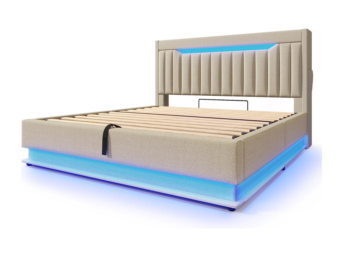 Lit Coffre 180x200 Tissu Lin Beige Capitonné avec LED et Port USB — vue 10
