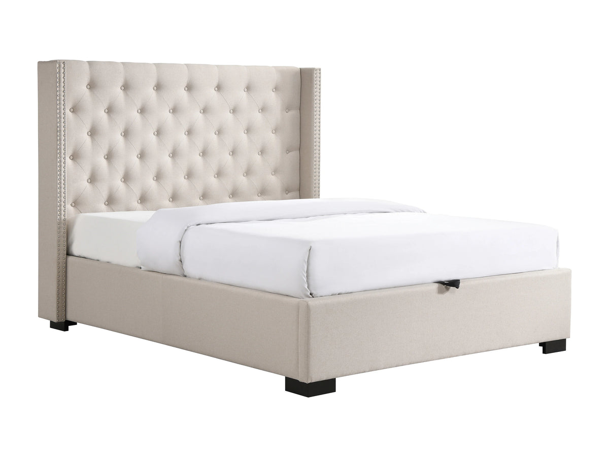 Lit Coffre 200x200 Tissu Beige Capitonné avec Matelas - MASSIMO — vue 5