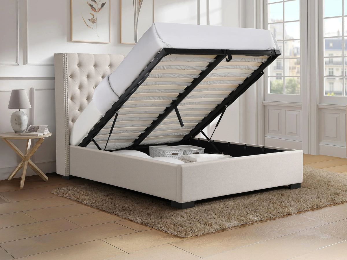 Lit Coffre 200x200 Tissu Beige Capitonné avec Matelas - MASSIMO — vue 2