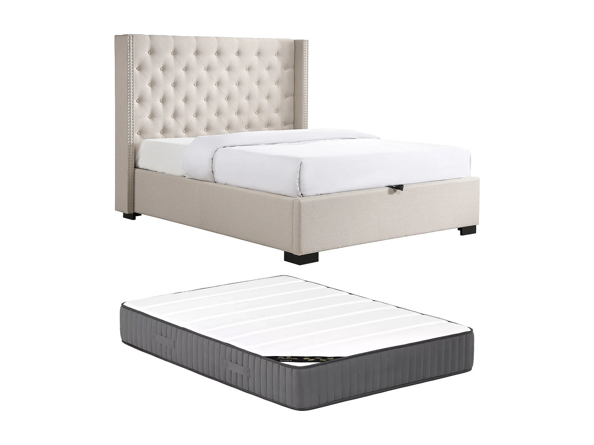 Lit Coffre 200x200 Tissu Beige Capitonné avec Matelas - MASSIMO — vue 4