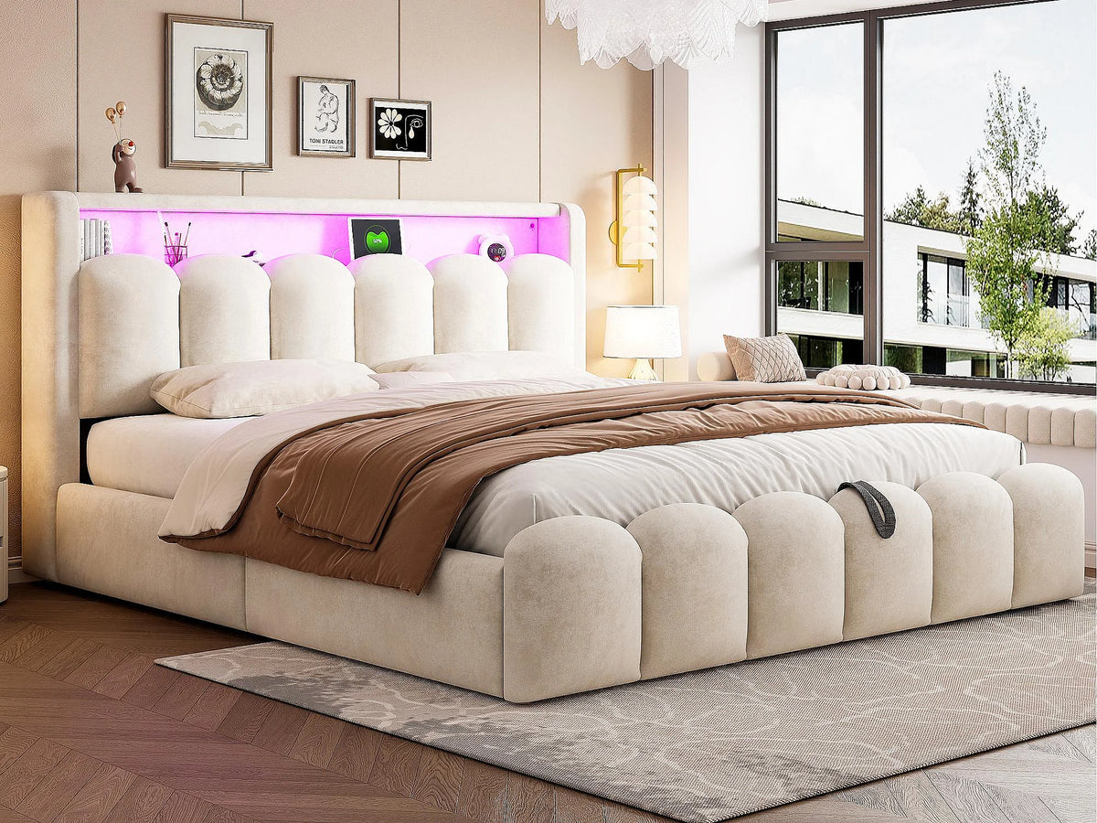 Lit Coffre 180x200 Velours Beige avec LED et Port USB