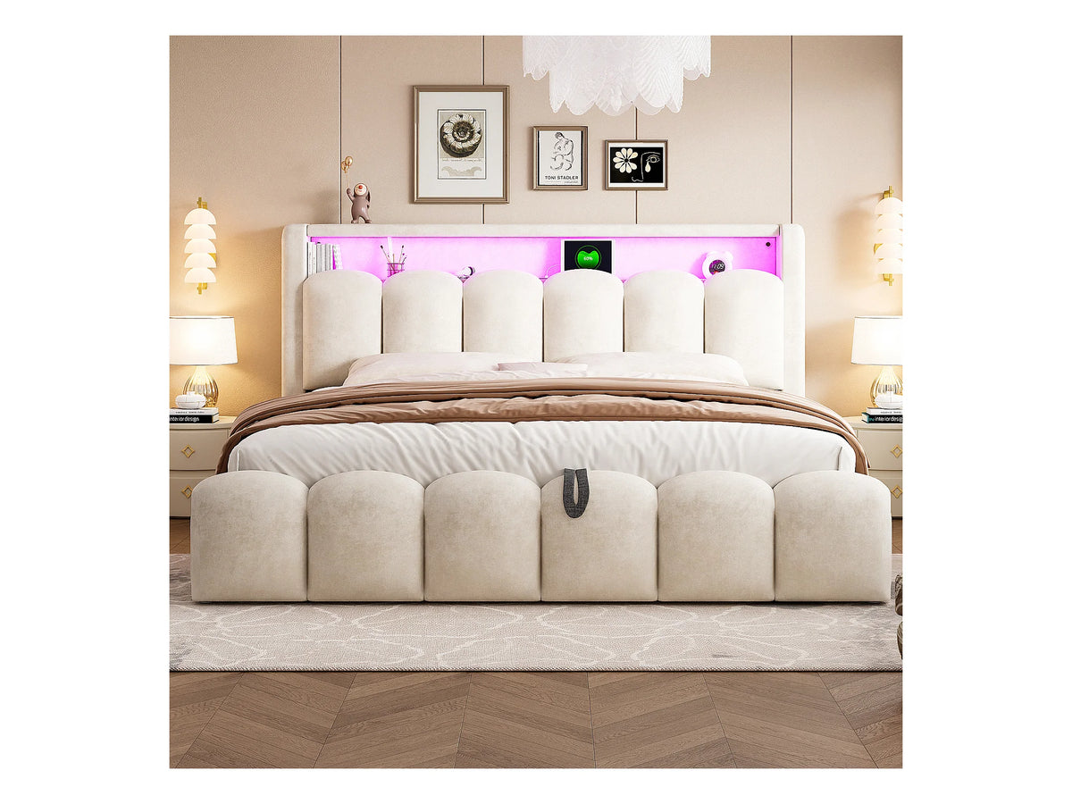 Lit Coffre 180x200 Velours Beige avec LED et Port USB — vue 3