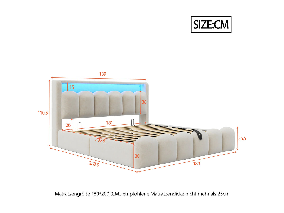 Lit Coffre 180x200 Velours Beige avec LED et Port USB — vue 7
