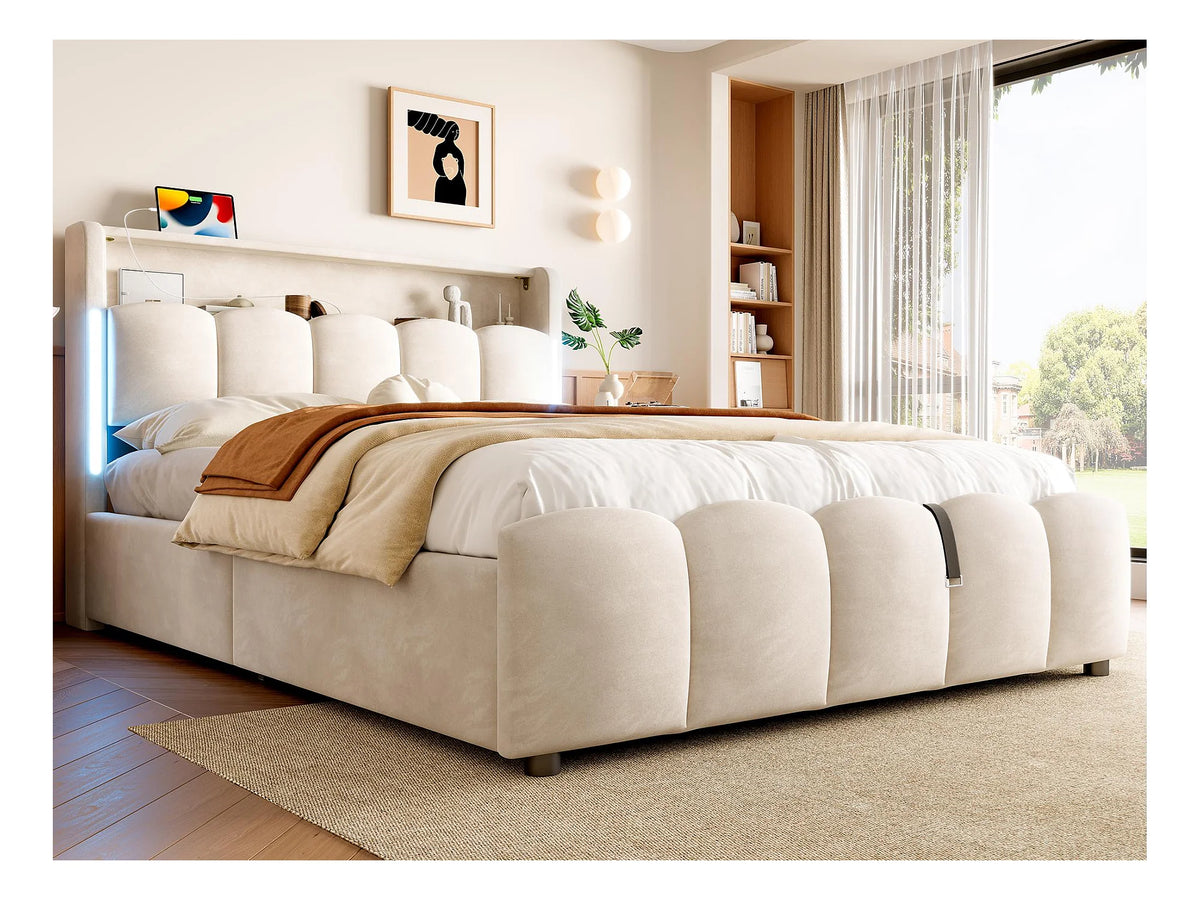 Lit Coffre 140x200 Velours Beige avec LED et Port USB