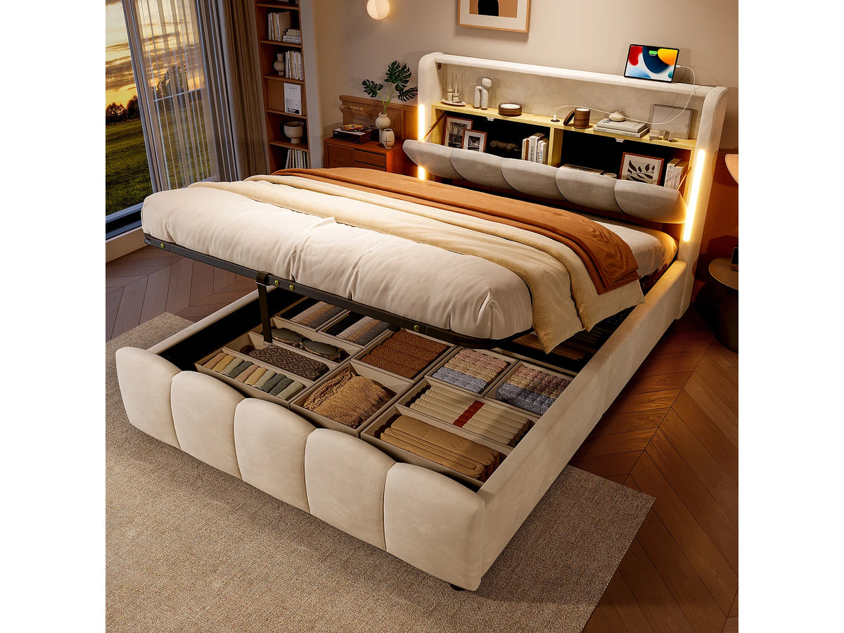 Lit Coffre 140x200 Velours Beige avec LED et Port USB — vue 4