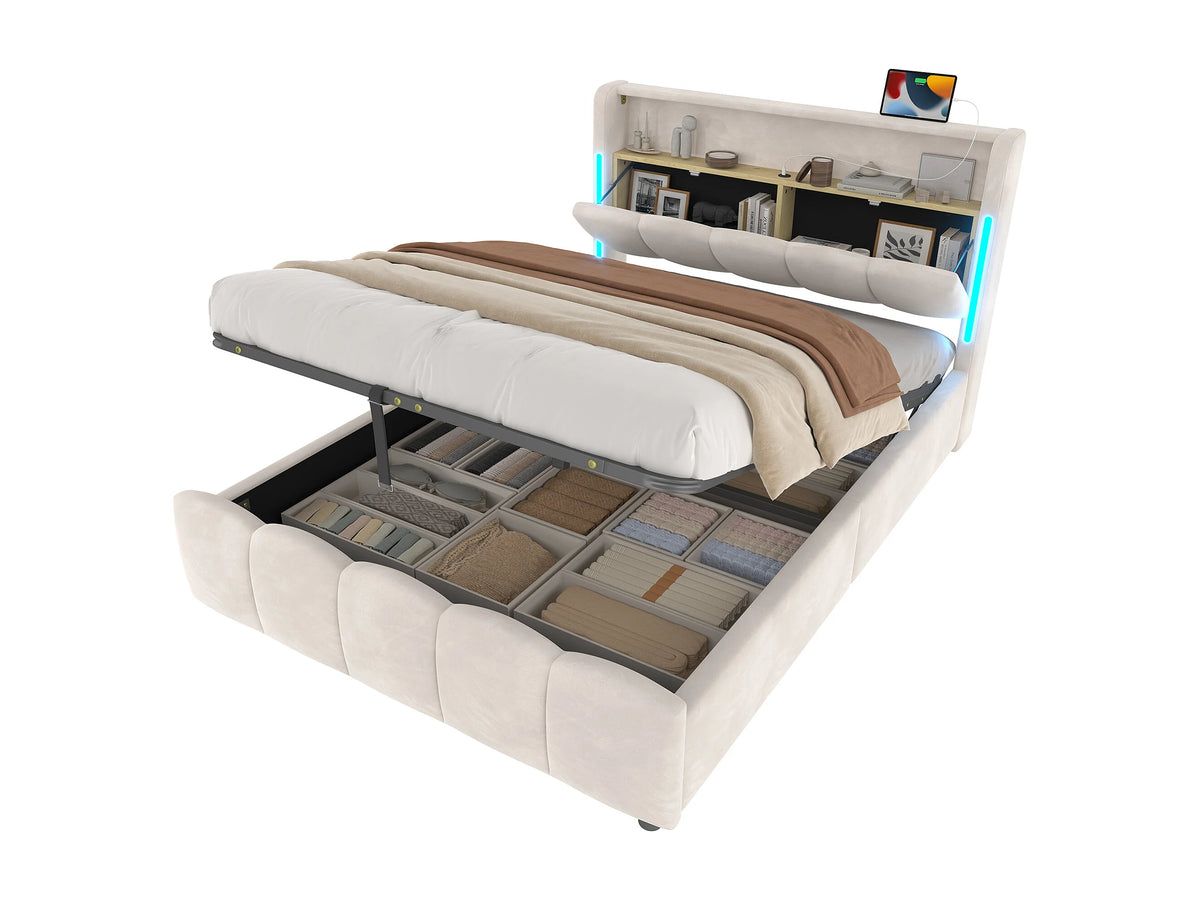Lit Coffre 140x200 Velours Beige avec LED et Port USB — vue 10