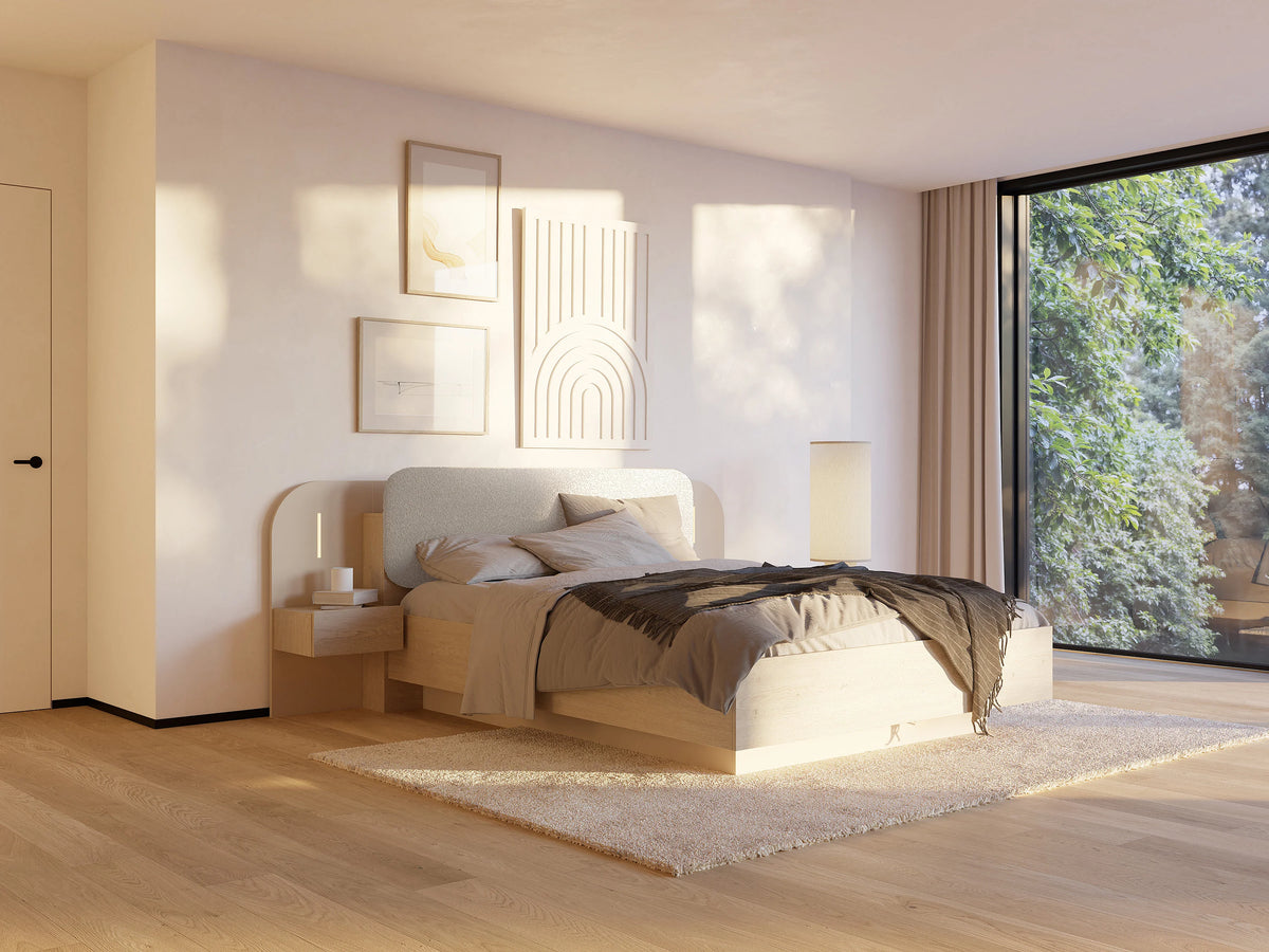 Lit Coffre 160x200 Bois Beige avec Chevets, LED et Tiroirs - LYORIMA — vue 2