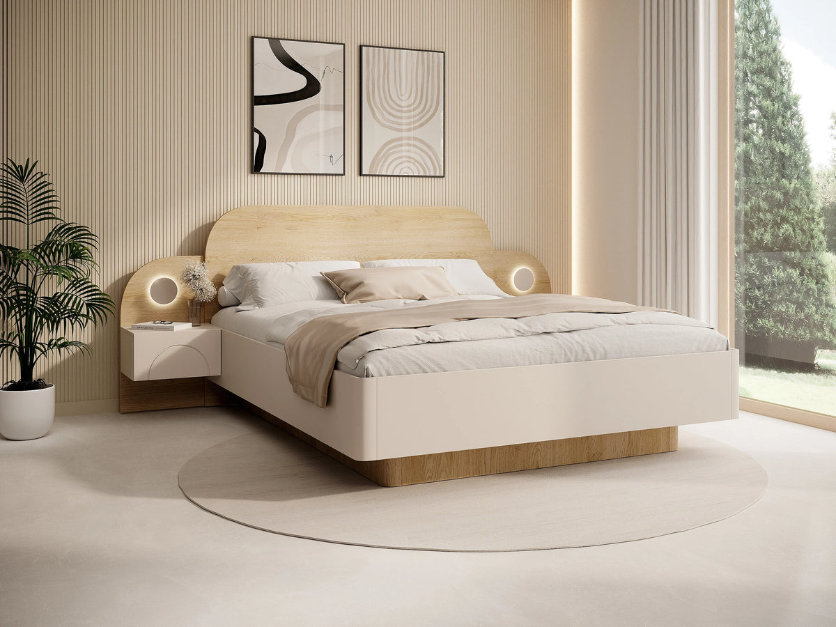 Lit Coffre 160x200 Bois Beige avec Chevets, LED et Tiroirs - DARTAGNO — vue 2