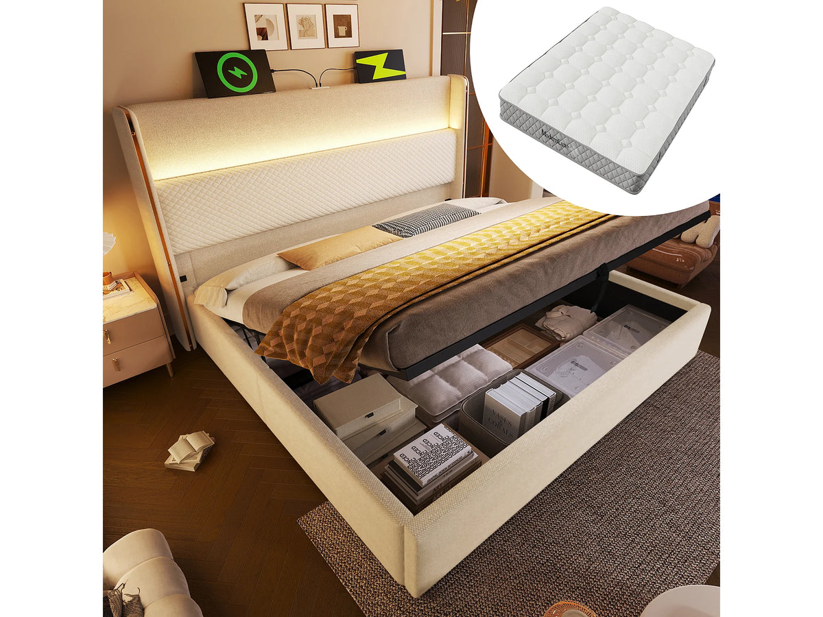 Lit Coffre 160x200 Tissu Lin Beige avec Matelas, LED et Port USB