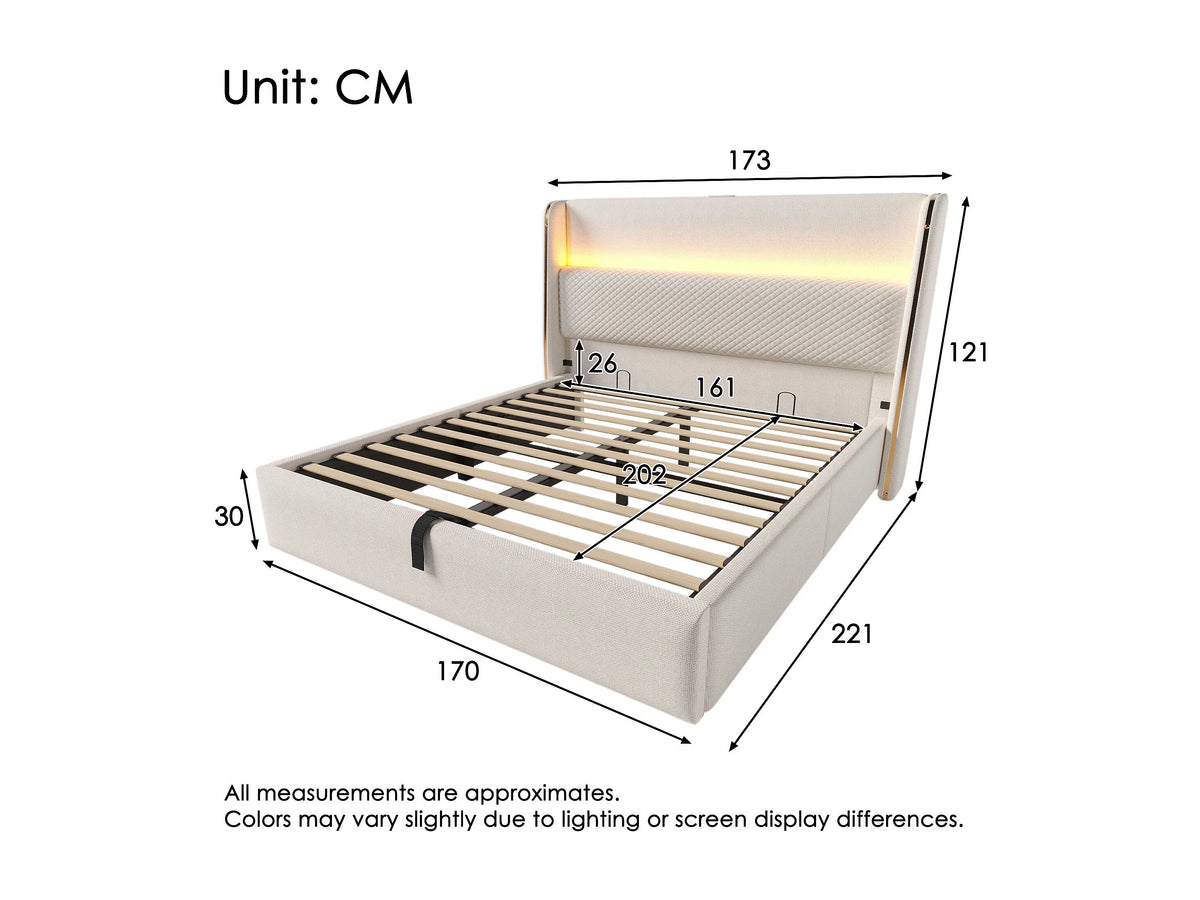 Lit Coffre 160x200 Tissu Lin Beige avec Matelas, LED et Port USB — vue 6