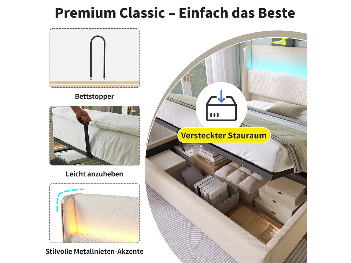 Lit Coffre 160x200 Tissu Lin Beige avec Matelas, LED et Port USB — vue 8