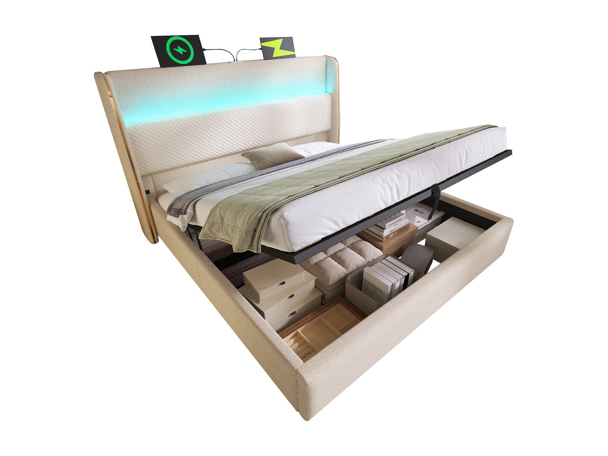 Lit Coffre 160x200 Tissu Lin Beige avec Matelas, LED et Port USB — vue 4