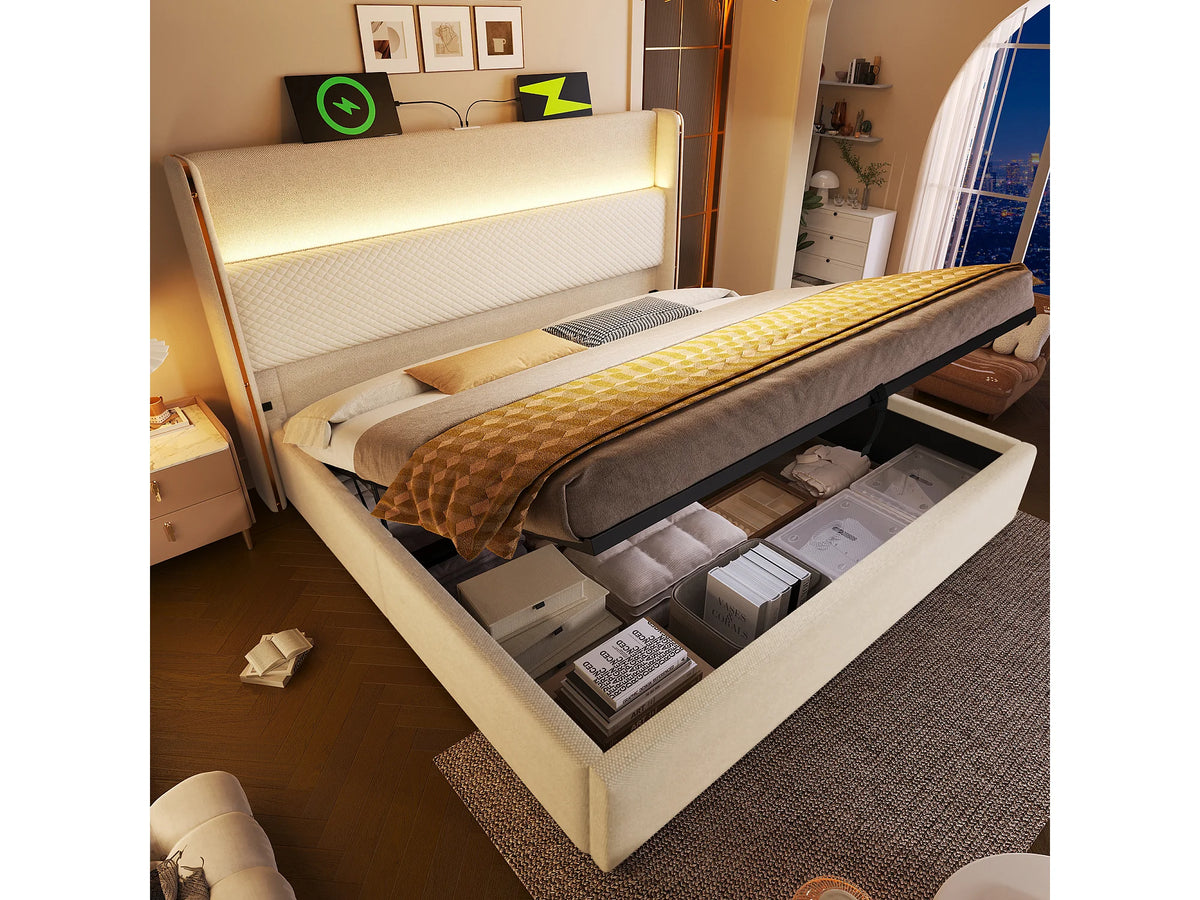Lit Coffre 160x200 Tissu Lin Beige avec Matelas, LED et Port USB — vue 2