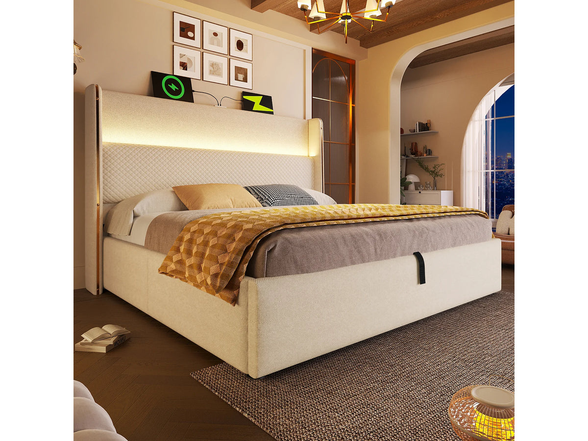 Lit Coffre 160x200 Tissu Lin Beige avec Matelas, LED et Port USB — vue 3