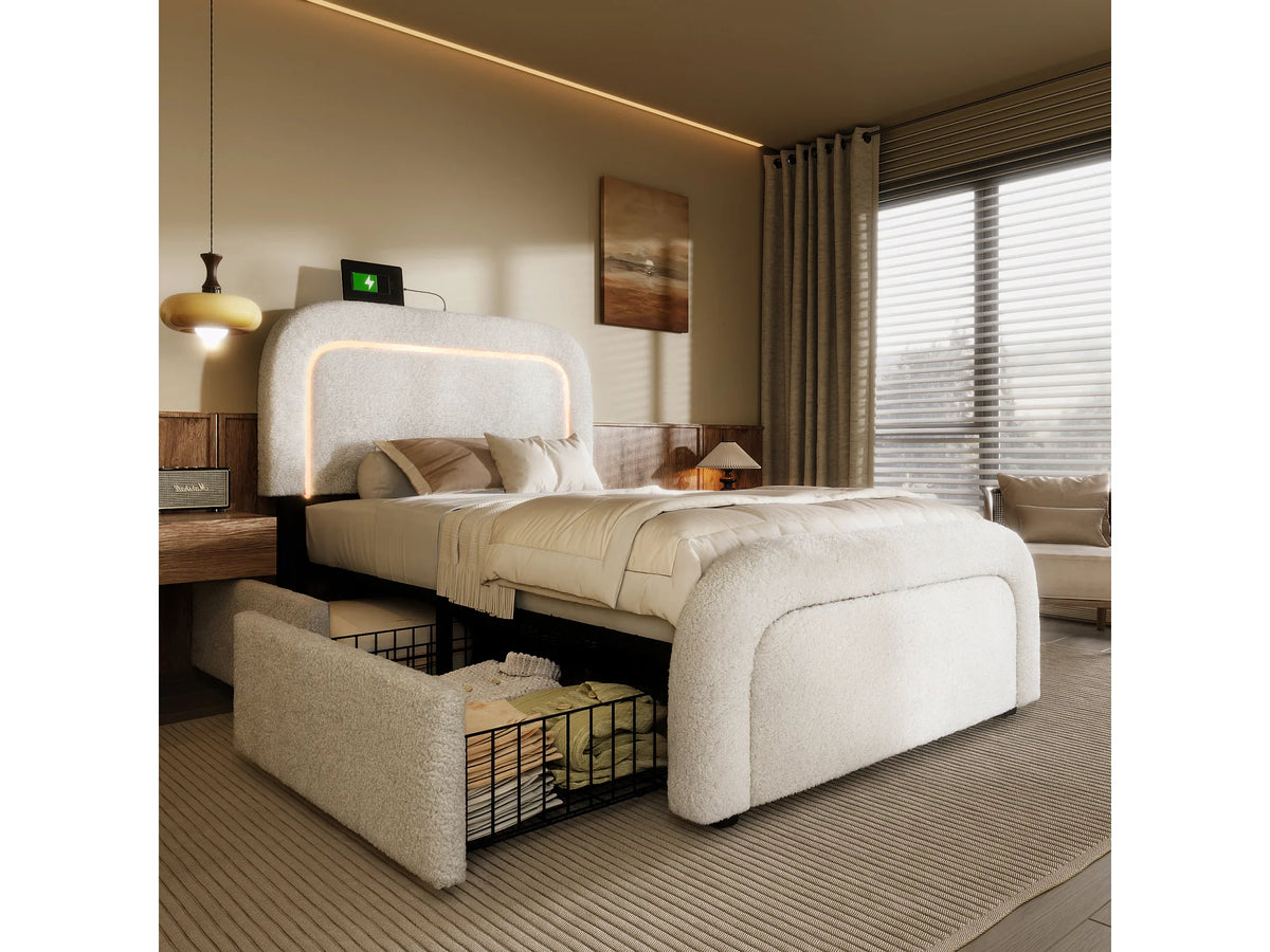 Lit Coffre 90x200 Sherpa Blanc avec LED, Tiroirs et Port USB — vue 2