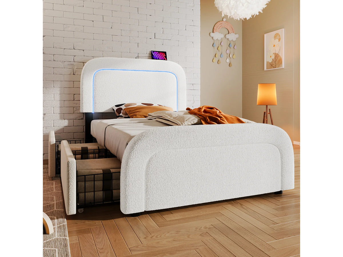 Lit Coffre 90x200 Sherpa Blanc avec LED, Tiroirs et Port USB — vue 3