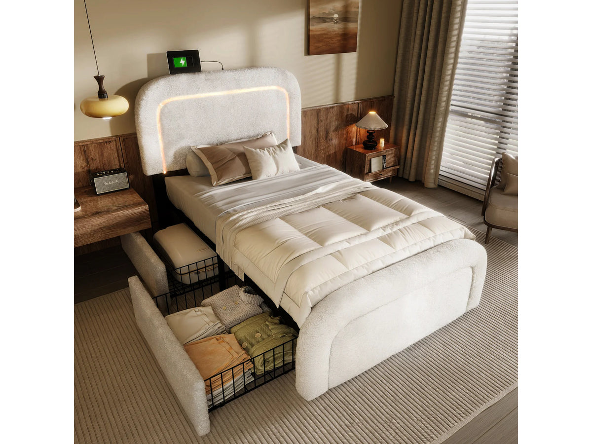 Lit Coffre 90x200 Sherpa Blanc avec LED, Tiroirs et Port USB — vue 4