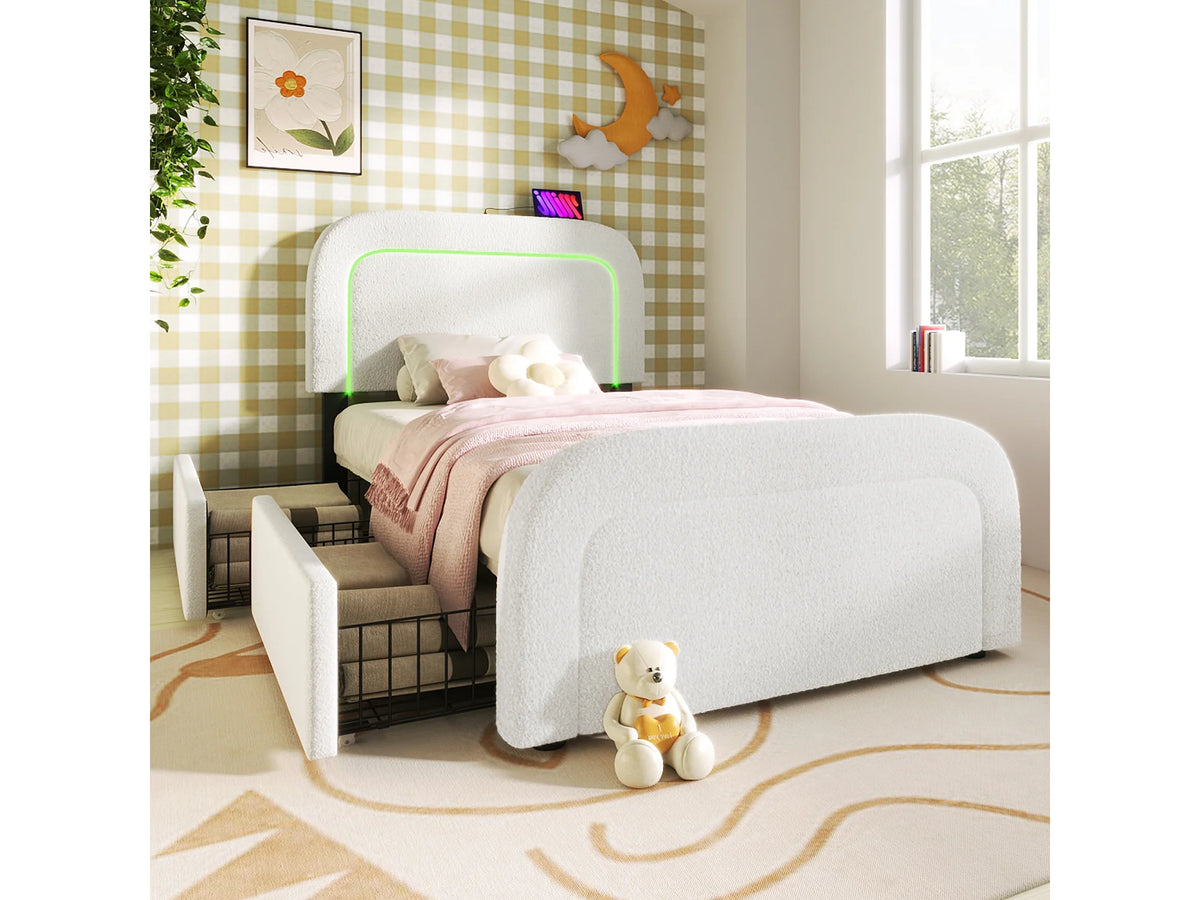 Lit Coffre 90x200 Sherpa Blanc avec LED, Tiroirs et Port USB — vue 6