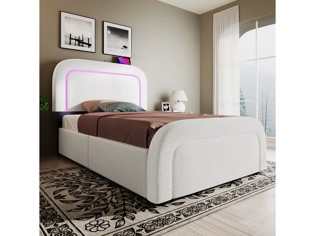 Lit Coffre 90x200 Sherpa Blanc avec LED, Tiroirs et Port USB — vue 8