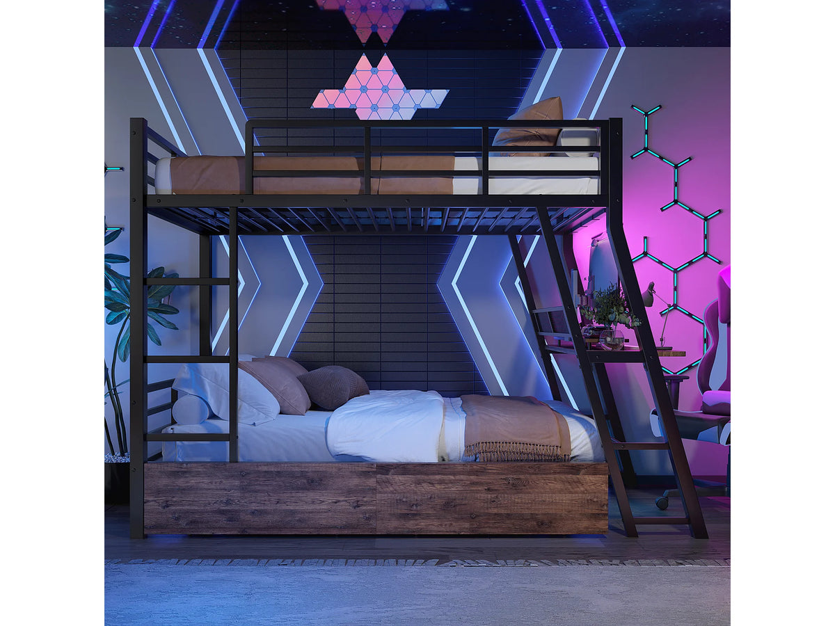 Lit Coffre 90x200 Métal Noir avec Matelas, LED et Tiroirs