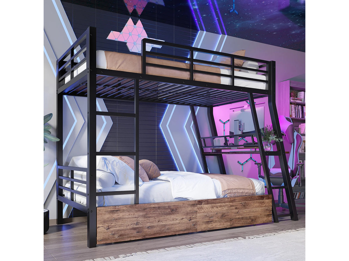Lit Coffre 90x200 Métal Noir avec Matelas, LED et Tiroirs — vue 2
