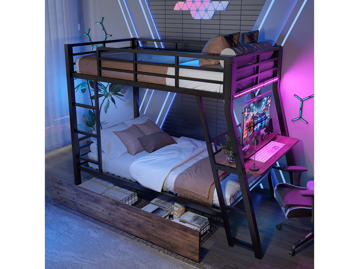 Lit Coffre 90x200 Métal Noir avec Matelas, LED et Tiroirs — vue 3