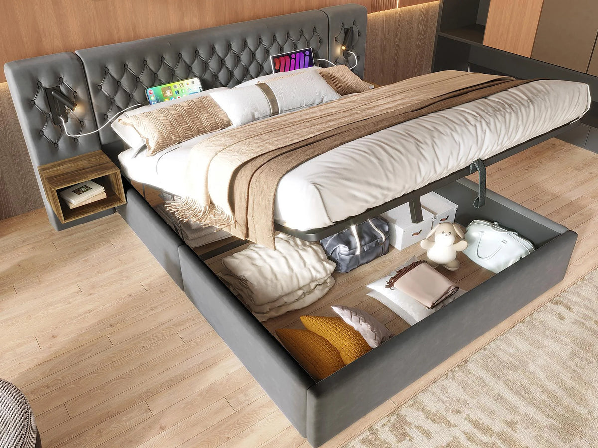 Lit Coffre 160x200 Velours Gris avec Chevets, LED et Port USB
