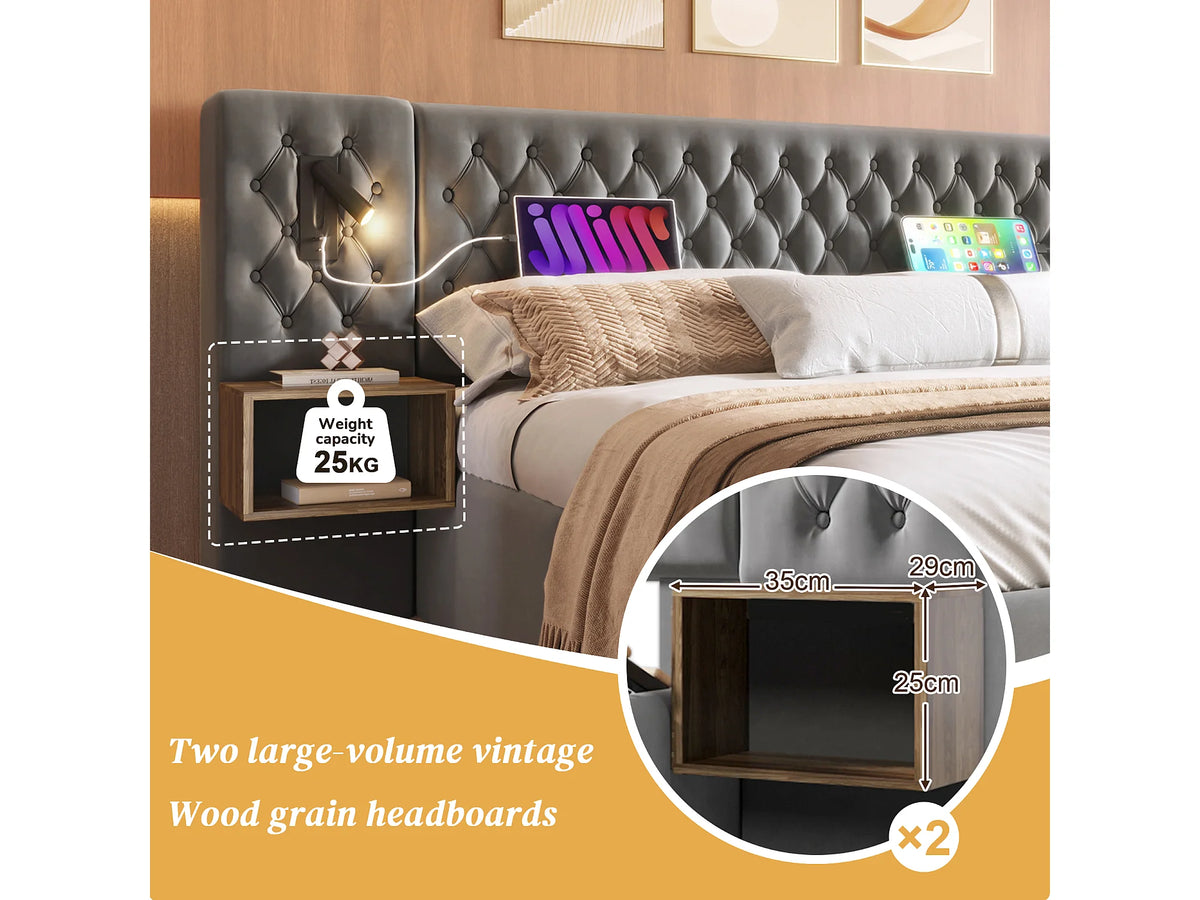 Lit Coffre 160x200 Velours Gris avec Chevets, LED et Port USB — vue 8